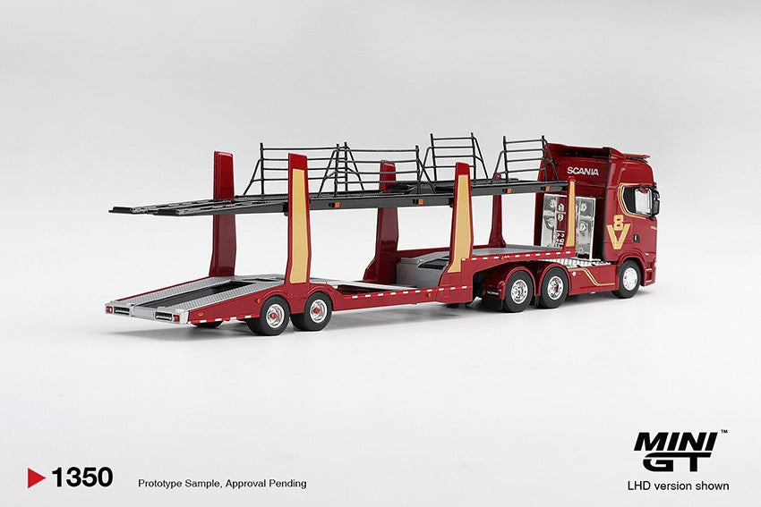 (Pre-Order – ETA January 2027) Scania 770S A6x4NA Car Transporter V8 – 50th Anniversary + Car Transporter Red 1:64 Scale Diecast (MINI GT)
