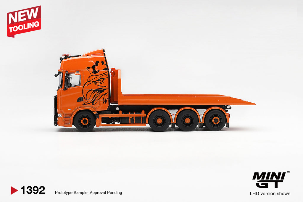 (Pre-Order – ETA April 2027) Scania 770S B8x4NA Hooklift Flatbed Orange 1:64 Scale Model (MINI GT)
