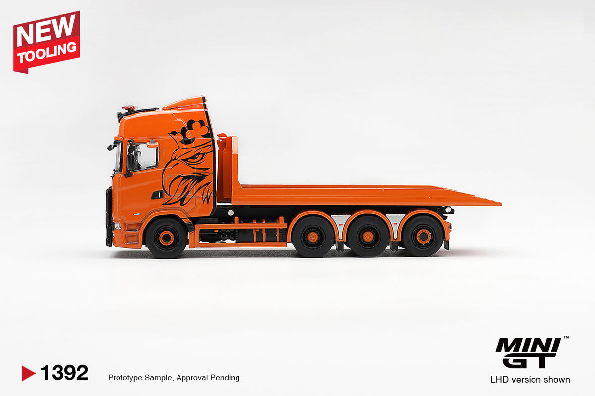 (Pre-Order – ETA April 2027) Scania 770S B8x4NA Hooklift Flatbed Orange 1:64 Scale Model (MINI GT)