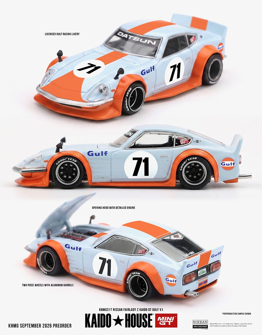 (Pre-Order – ETA April 2027) Nissan Fairlady Z Kaido GT GULF V1 1:64 Scale Diecast Car (Kaido House x MINI GT)