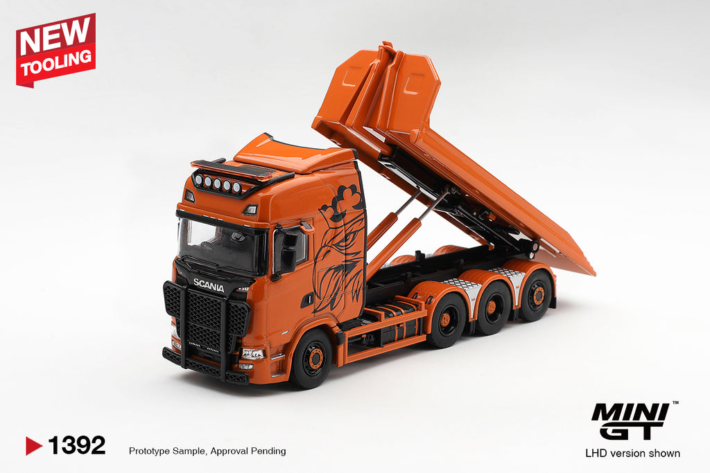 (Pre-Order – ETA April 2027) Scania 770S B8x4NA Hooklift Flatbed Orange 1:64 Scale Model (MINI GT)