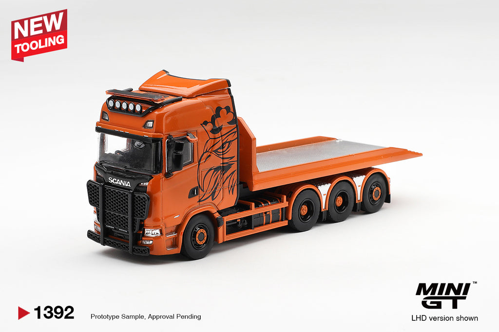 (Pre-Order – ETA April 2027) Scania 770S B8x4NA Hooklift Flatbed Orange 1:64 Scale Model (MINI GT)