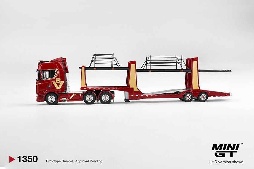 (Pre-Order – ETA January 2027) Scania 770S A6x4NA Car Transporter V8 – 50th Anniversary + Car Transporter Red 1:64 Scale Diecast (MINI GT)