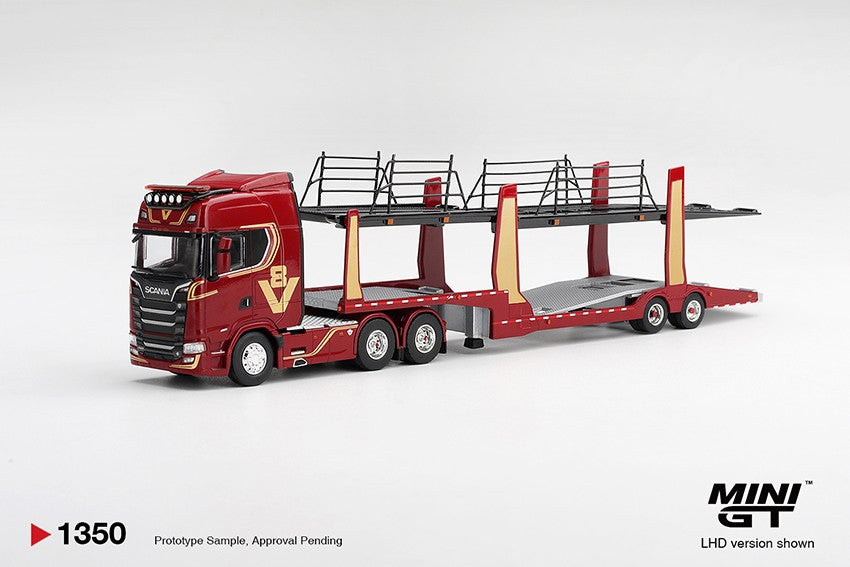 (Pre-Order – ETA January 2027) Scania 770S A6x4NA Car Transporter V8 – 50th Anniversary + Car Transporter Red 1:64 Scale Diecast (MINI GT)